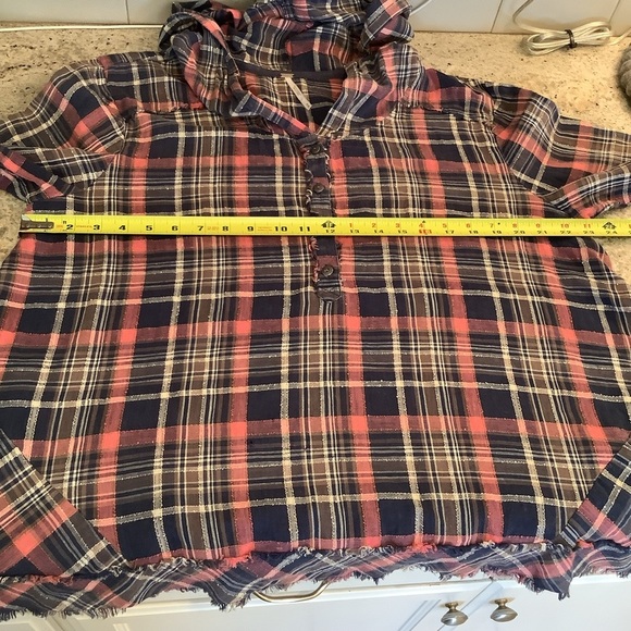 Free People Blue and Pink Popover Hooded Shirt Size Medium - Picture 3 of 8